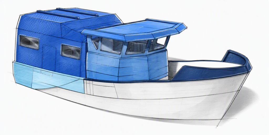 Illustration of a fishing boat: hull and superstructures – refit by Plasti Pêche
