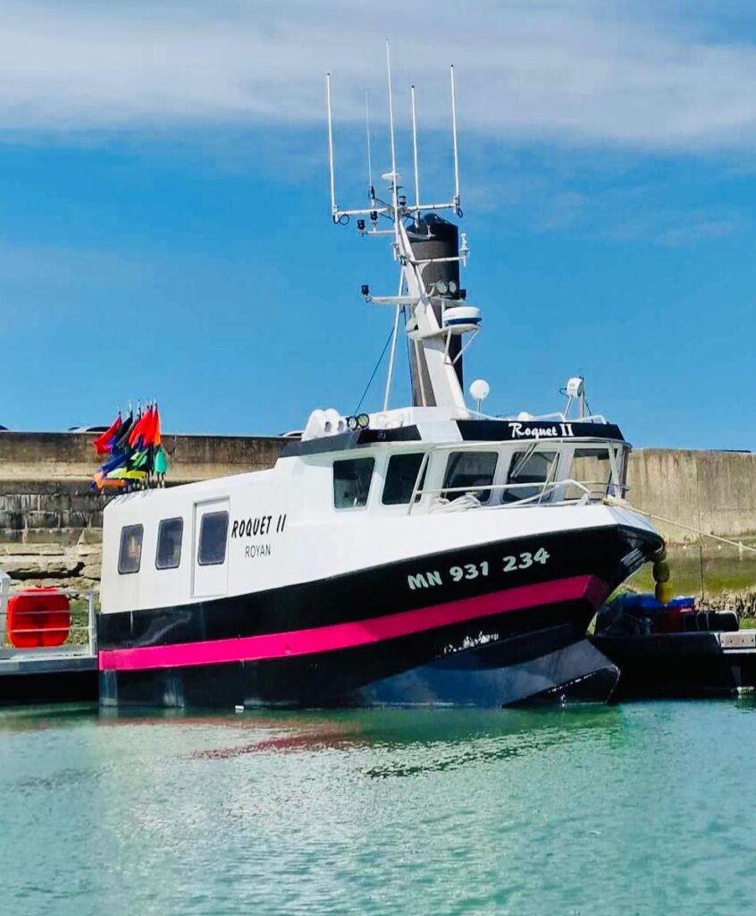 12 m coastal fishing boat with a black and pink hull in the harbor – built by Plasti Pêche