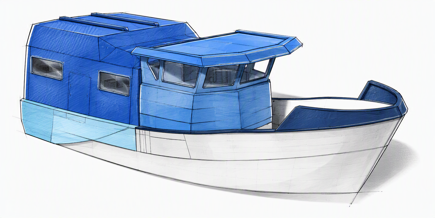 Illustration of a fishing boat: hull and superstructure modifications – refit by Plasti Pêche