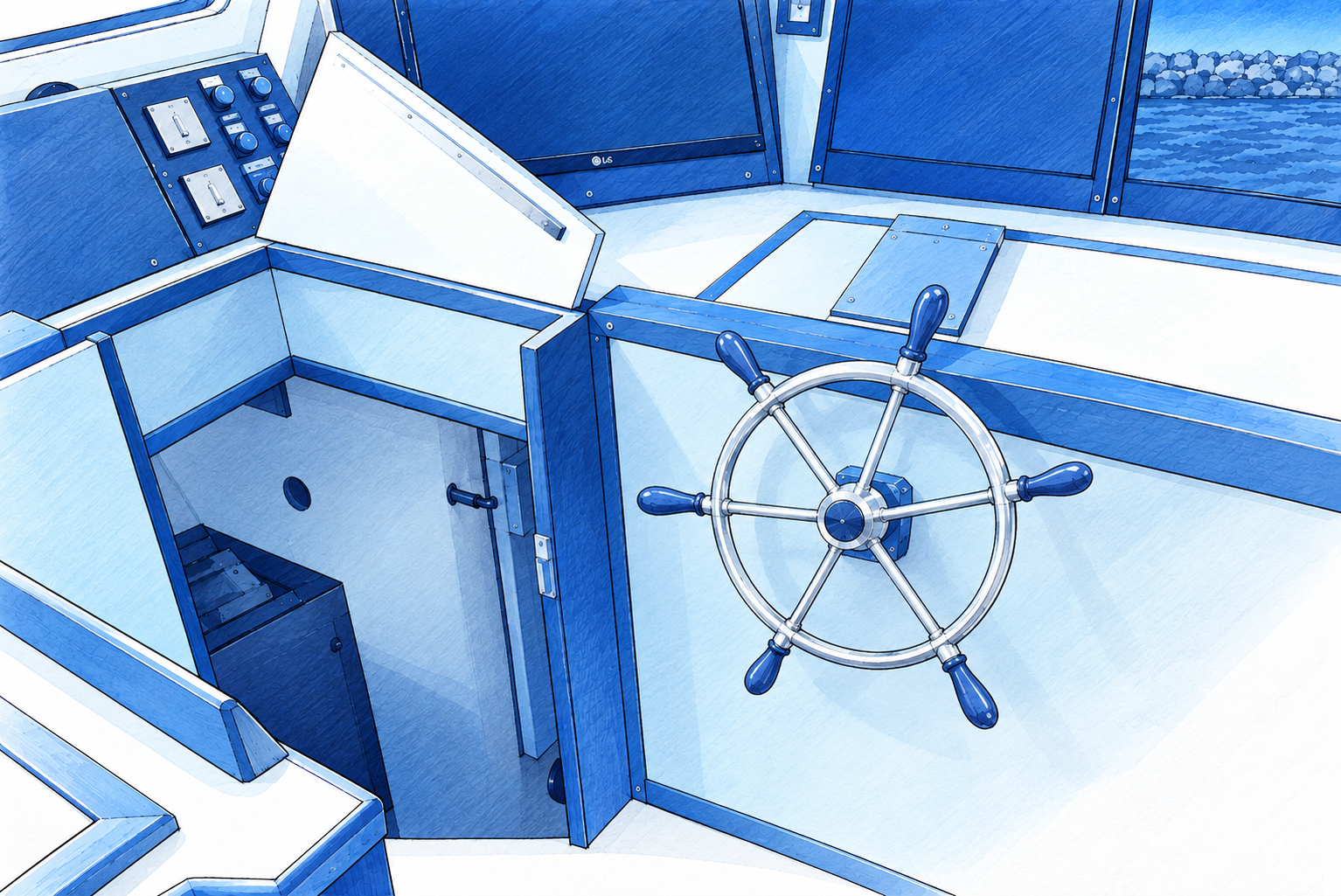 Illustration of a wheelhouse: interior fitting-out – refit by Plasti Pêche